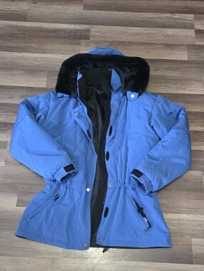 RAINIER Ski Blue Long Jacket Black Faux Fur Collar Size 12 Snow